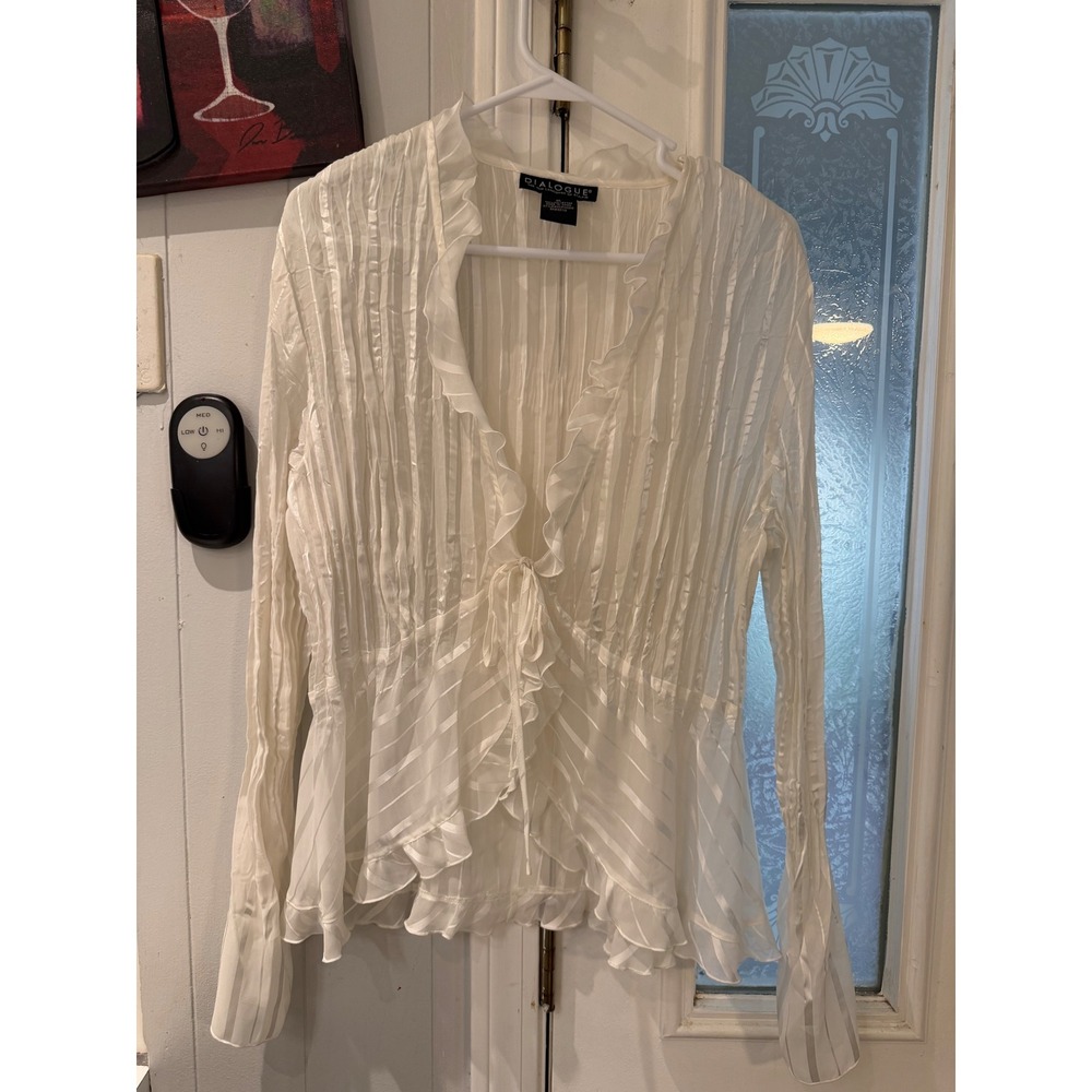 Dialogue White Pleated Ruffle Tie Front Blouse Sheer Peplum Top XL MCPW0010